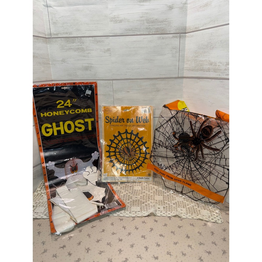 Vintage Halloween Beistle Spider on Web Honeycomb Ghost 24 Inch Decoration Lot